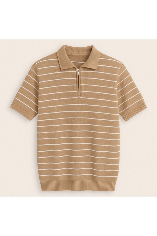 Striped Design Polo Collar Zipper Breathable Short Sleeve Men's Summer Knitwear T-Shirt