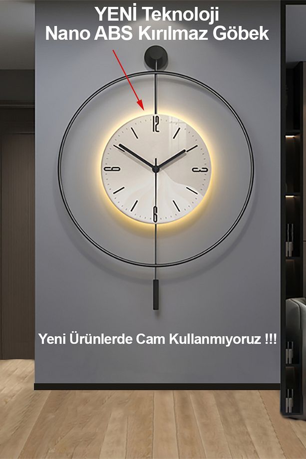 LED backlit clock SİYAH (BÜYÜK BOY 50 X 75 CM) Nano Abs Kırılmaz Göbek, Sarkaçlı Metal Duvar Saati - 4