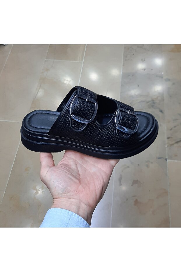 Women's Anatomical Soft Sole Double Tape Buckle Straw Detailed Slippers