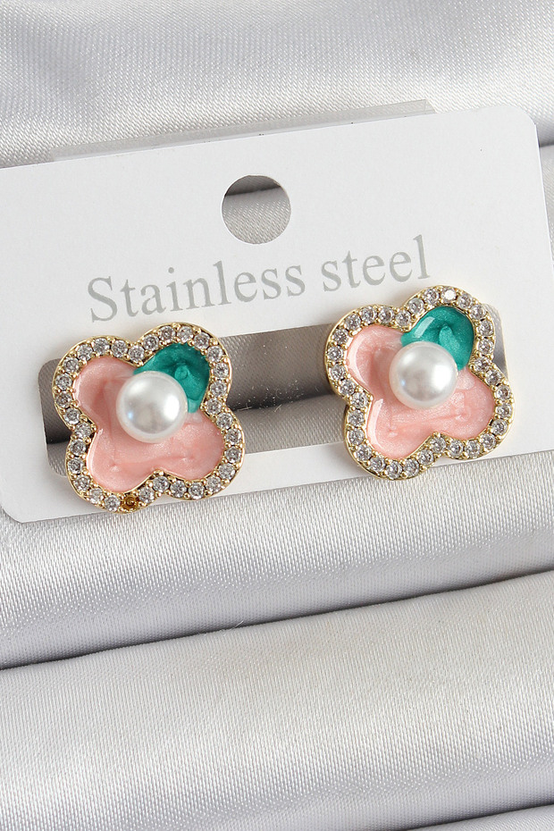 Brass Pink Enamel Pearl Detailed Zircon Stone Artistic Portrait Clover Model Gold Color Women's Earrings Sl122