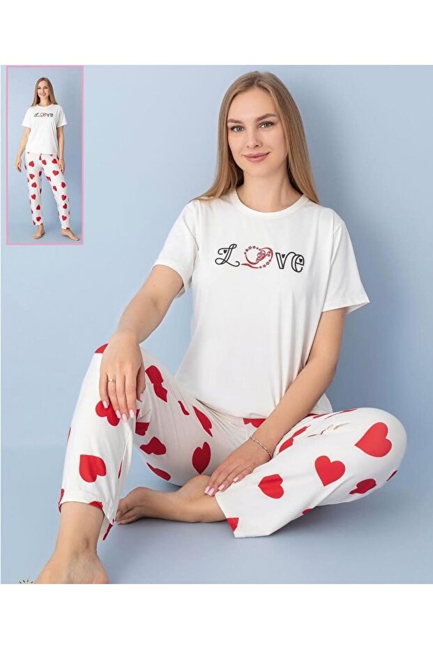 Women's Love Heart Printed Short Sleeve Pajama Set