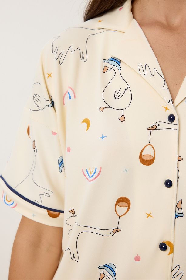 Desenli Şortlu Gömlek Pijama Takımı AÇIK SARI LPQ0010 - 3