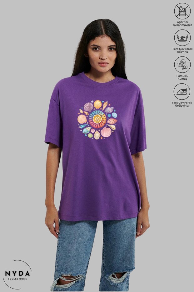 Women's Crew Neck Sea Theme Printed Cotton Oversize Short Sleeve T-Shirt