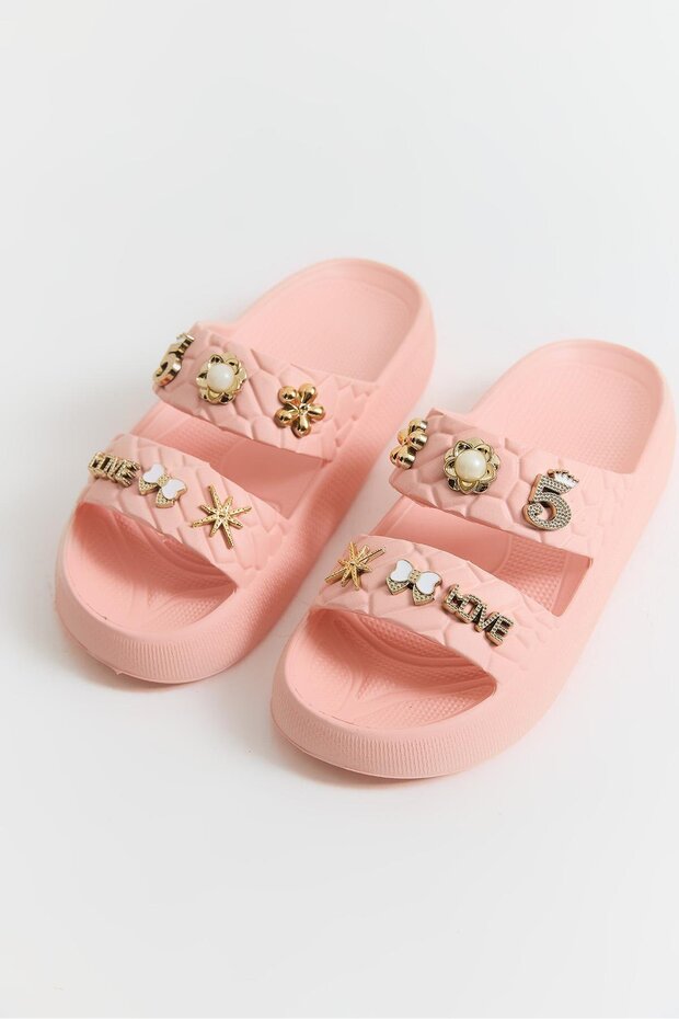 Double Band High Sole Slippers with Accessories Pink