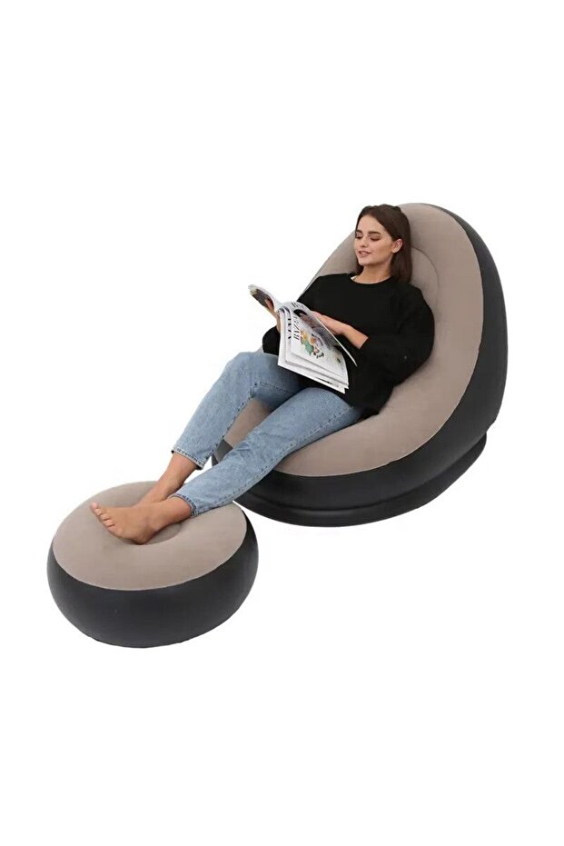 HOZRO inflatable armchair with stool – style, relaxation and functionality, Beige - 4