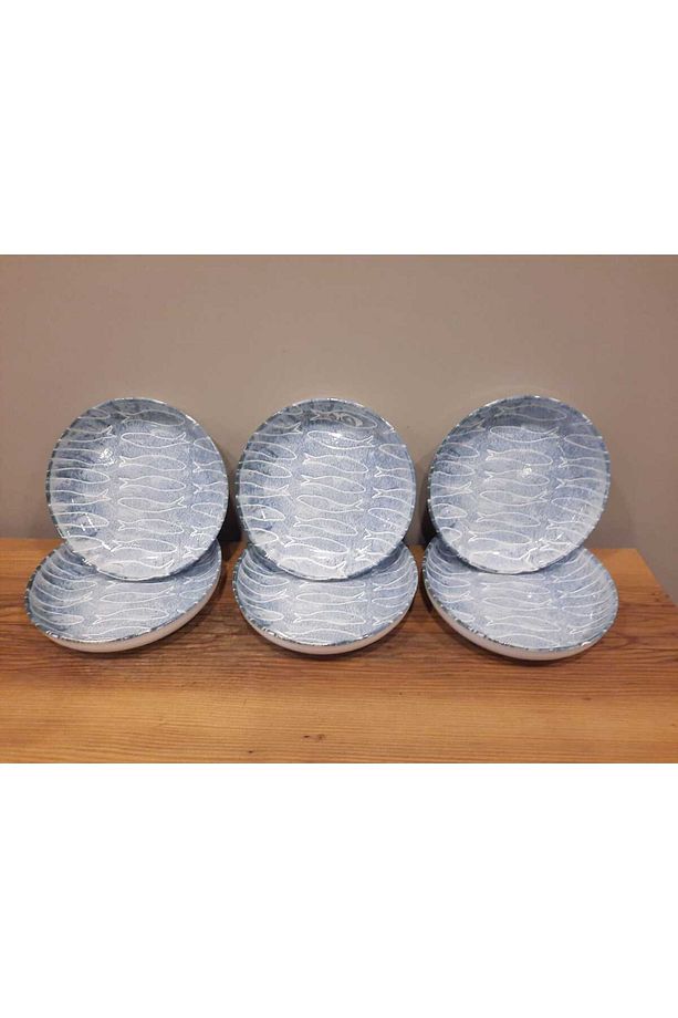 KERAMİKA YEMEK TABAĞI 21 CM 6 ADET PARLAK MAVİ BALIK DESENLİ - 3