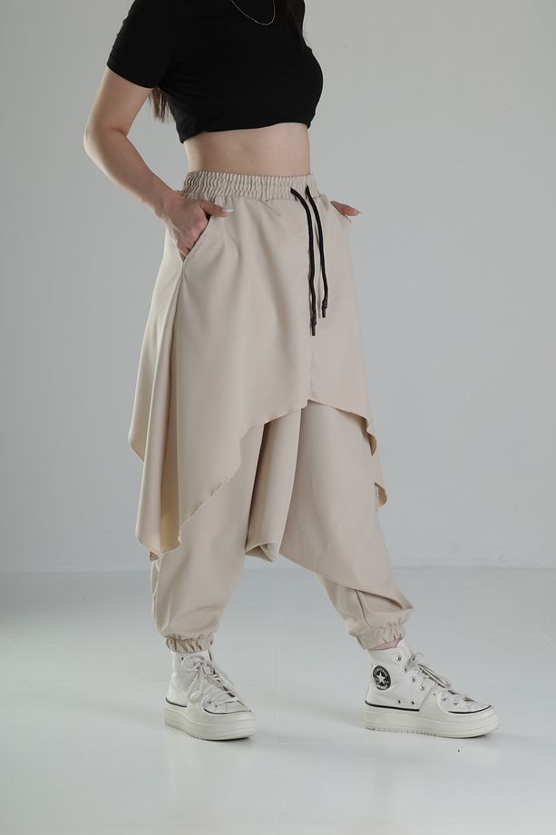 Oversize Şalvarlı Bej Jogger Pantolon - 1