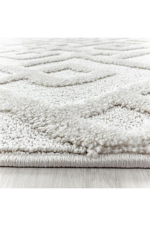 İskandinav Salon Halısı Bukle Taban kabartmalı Labirent Kare Desenli Krem Dokuma Halı - 4