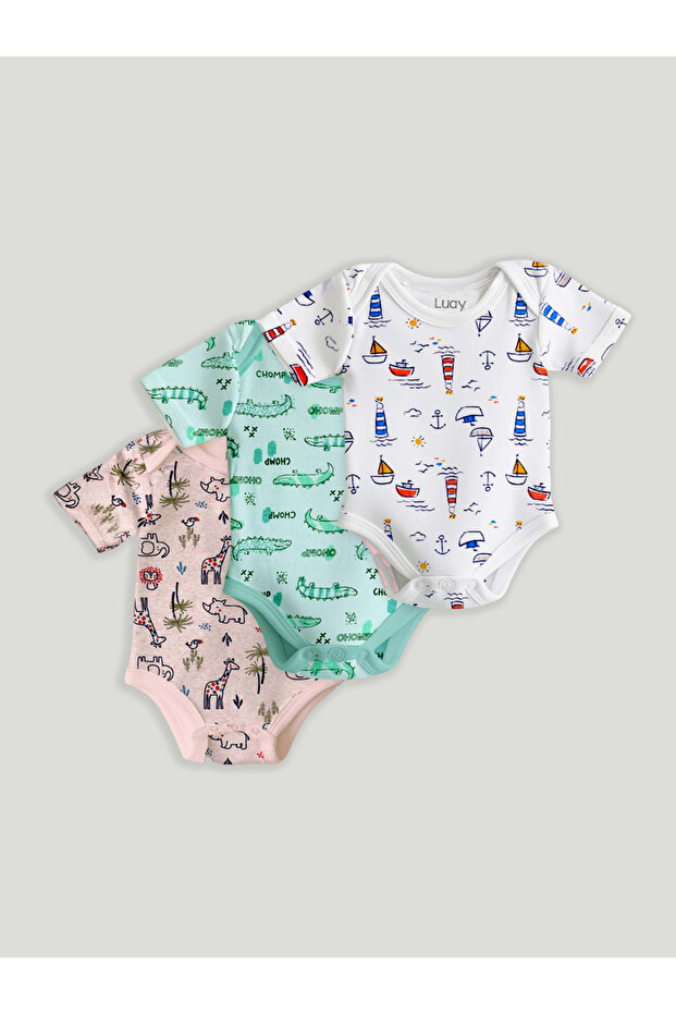 Unisex Organic Cotton Lighthouse, Elephant & Lizard printed Onesie: Playful and Cozy Pack of 3