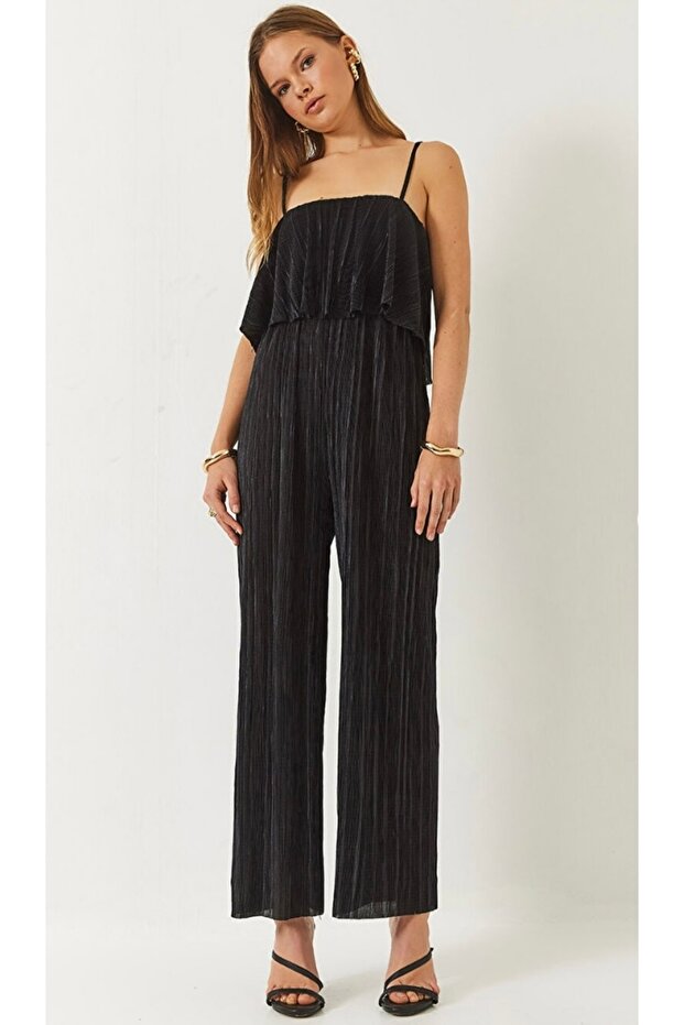 Kadın Askılı Pliseli Siyah Tulum - 1