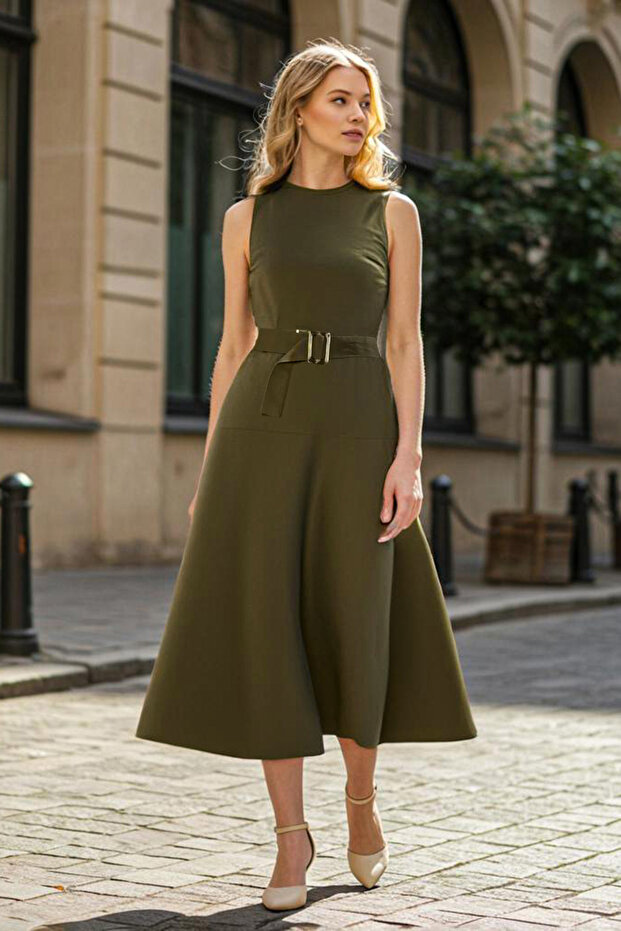 Haki Kemerli A Kesim Midi Gabardin Dokuma Elbise TWOSS25EL00055 - 1