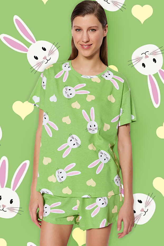 Yeşil %100 Pamuklu Kalpli Tavşan Desenli Şortlu Örme Pijama Takımı THMSS23PT00005 - 1