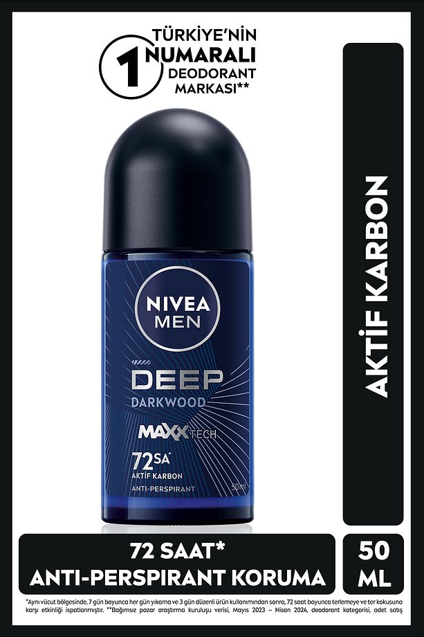 MEN Erkek Roll-on Deodorant Deep Dimension 50ml, 72 Saat Anti-Perspirant Koruma, Aktif Karbon - 1