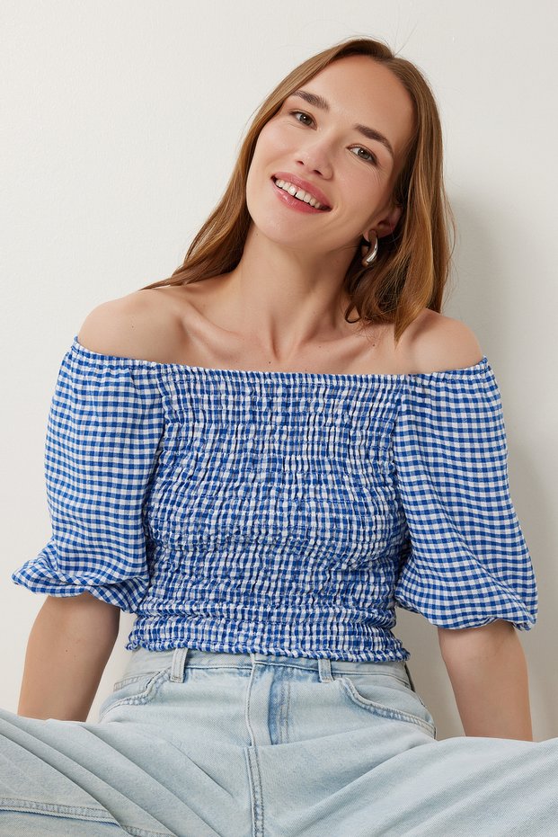 Women's Blue Checkered Carmen Collar Stretchy Crop Linen Blouse Tp00079