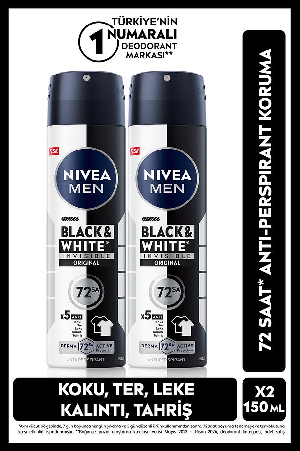 MEN Erkek Sprey Deodorant Black&White Invisible Original 150ml, 72 Saat Anti-perspirant, X2 Adet - 1