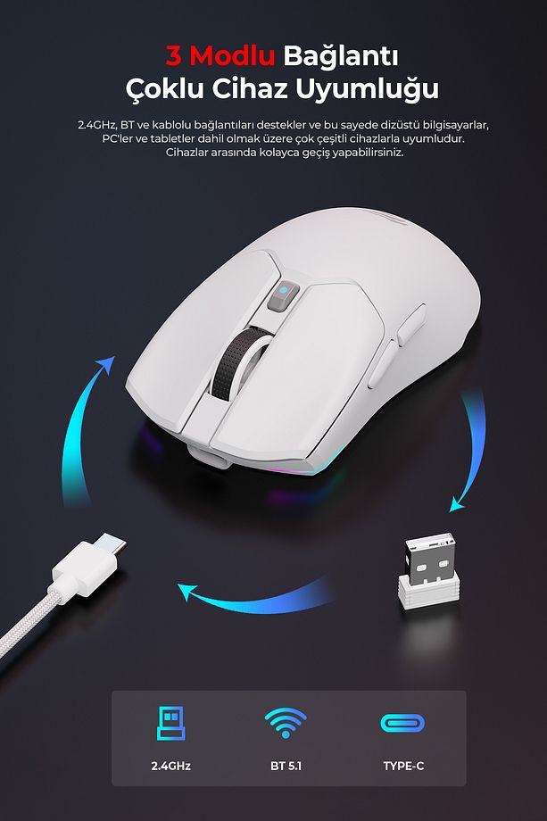 Gamenote MS974WB PAW3311 Ultra Hafif 12.000 DPI RGB Gaming Oyuncu Mouse 2.4GHz + Bluetooth 5.1 - 2