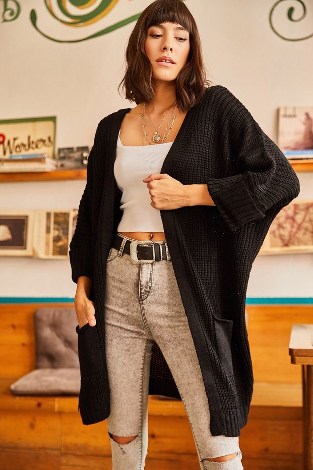 Women's Black Sleeve Folded Pocket Loose Knitwear Cardigan HRK-19000123