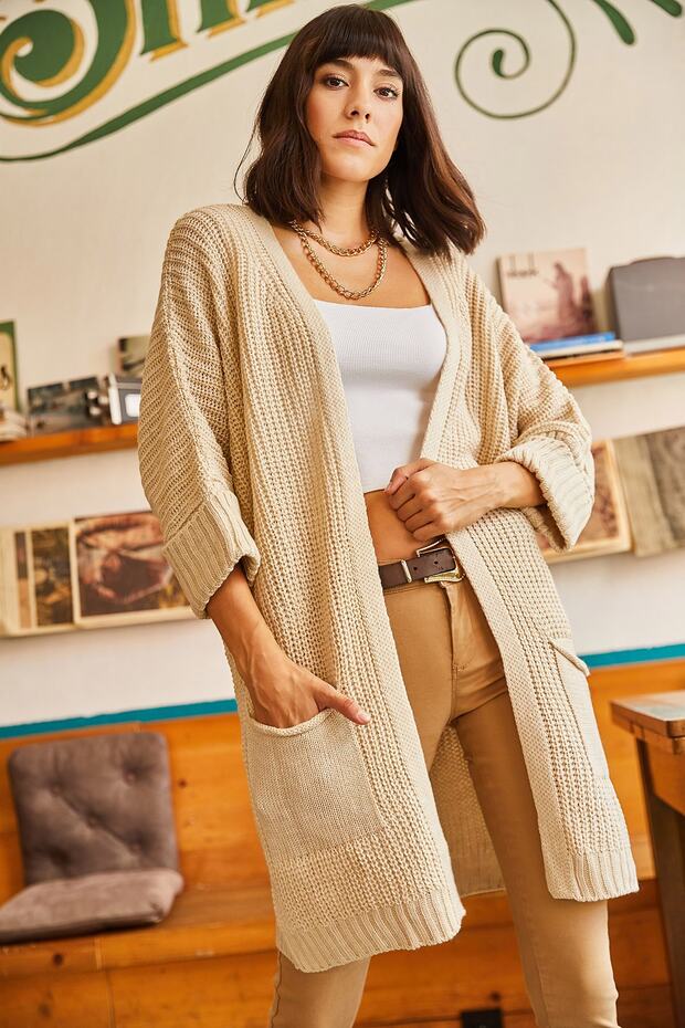 Damski kardigan z luźną dzianiną i kieszeniami z kamiennymi rękawami HRK-19000123 - 6