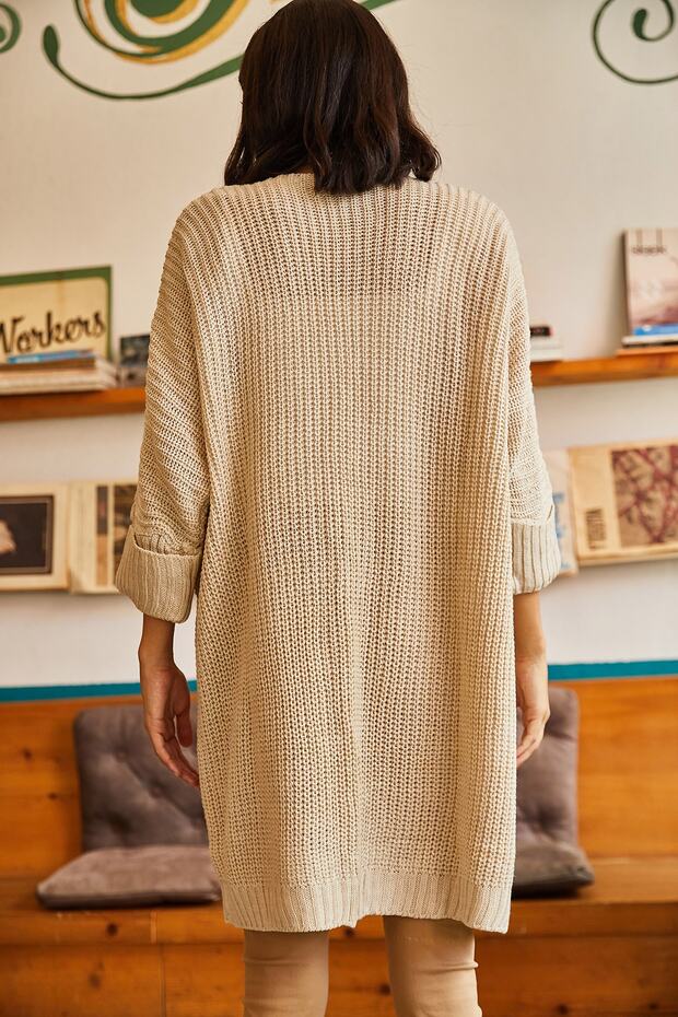 Damski kardigan z luźną dzianiną i kieszeniami z kamiennymi rękawami HRK-19000123 - 5