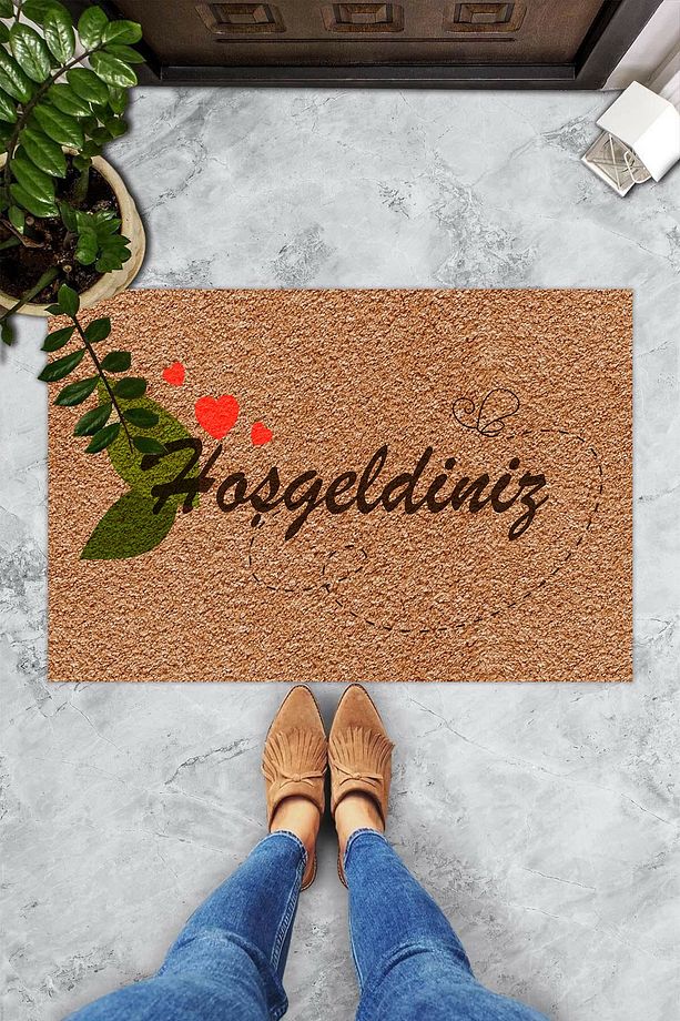 Hoş Geldiniz Üçlü Kırmızı Kalp Dekoratif Kapı Önü Paspası - 1