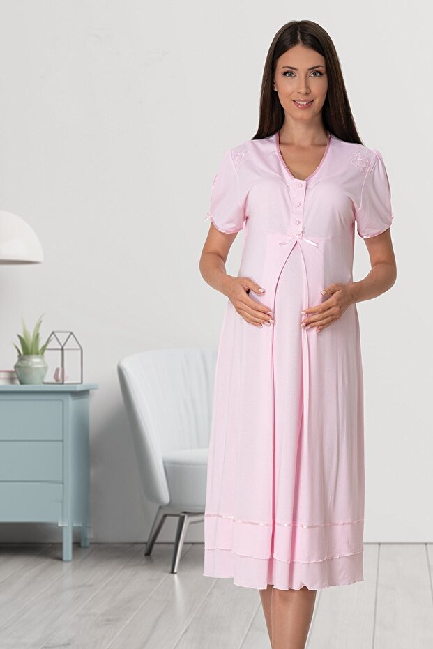 Pink Maternity Nightgown with Hidden Breastfeeding Feature Effortt 8023