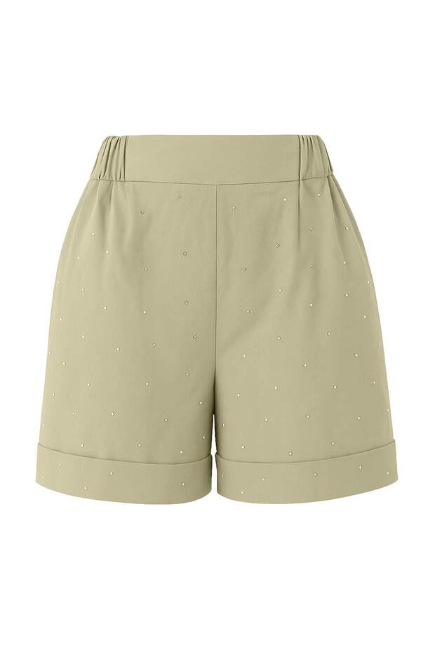 Açık Haki %100 Pamuk Beli Lastikli Taş Detaylı City Boy Şort & Bermuda TWOSS25SR00229 - 5