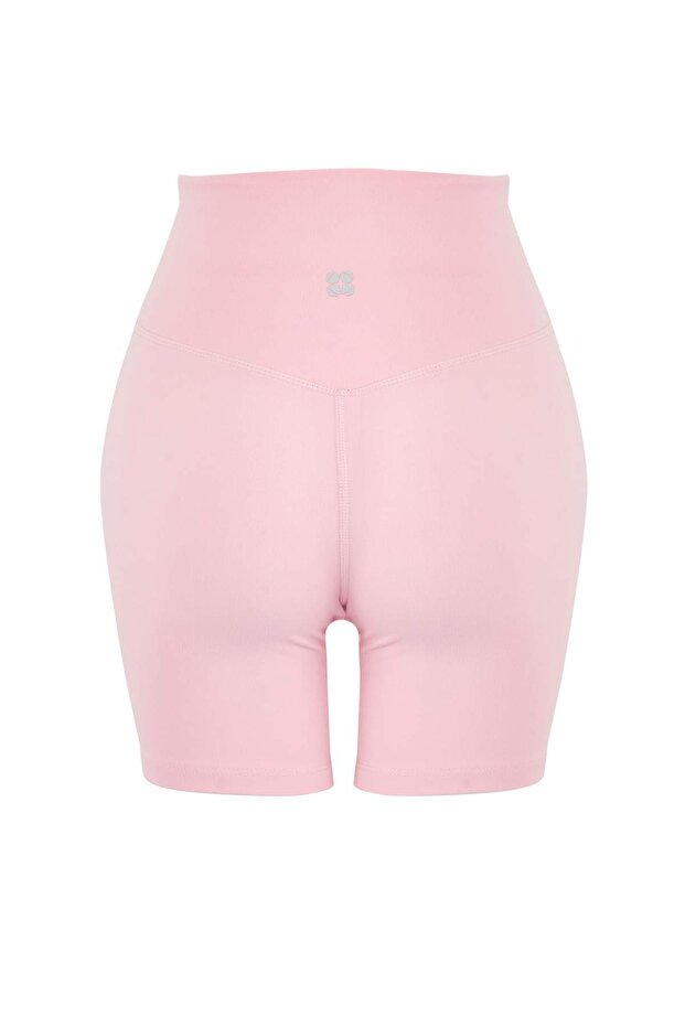 Pembe Fırçalı Soft Kumaş İç Bel Cep Detaylı Örme Spor Şort/Kısa Tayt THMSS24TY00020 - 9