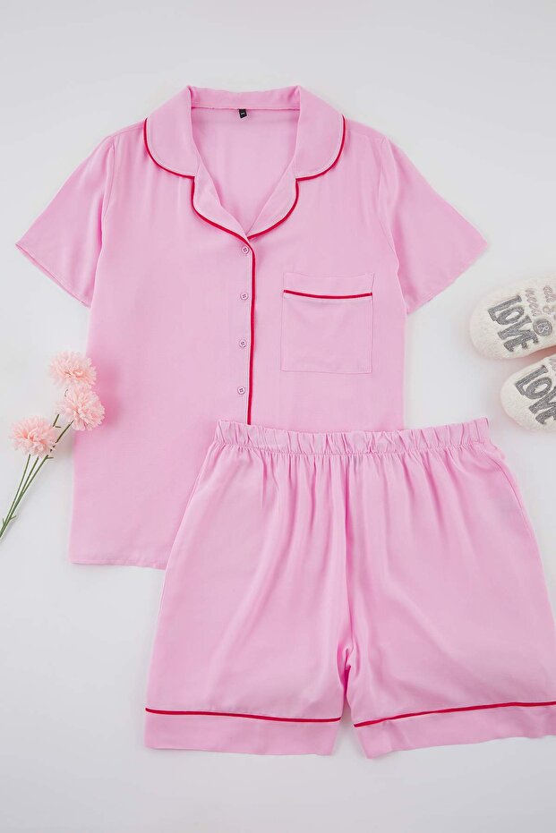 Pembe Biye Detaylı Viskon Dokuma Pijama Takımı TBBSS25AI00016 - 5