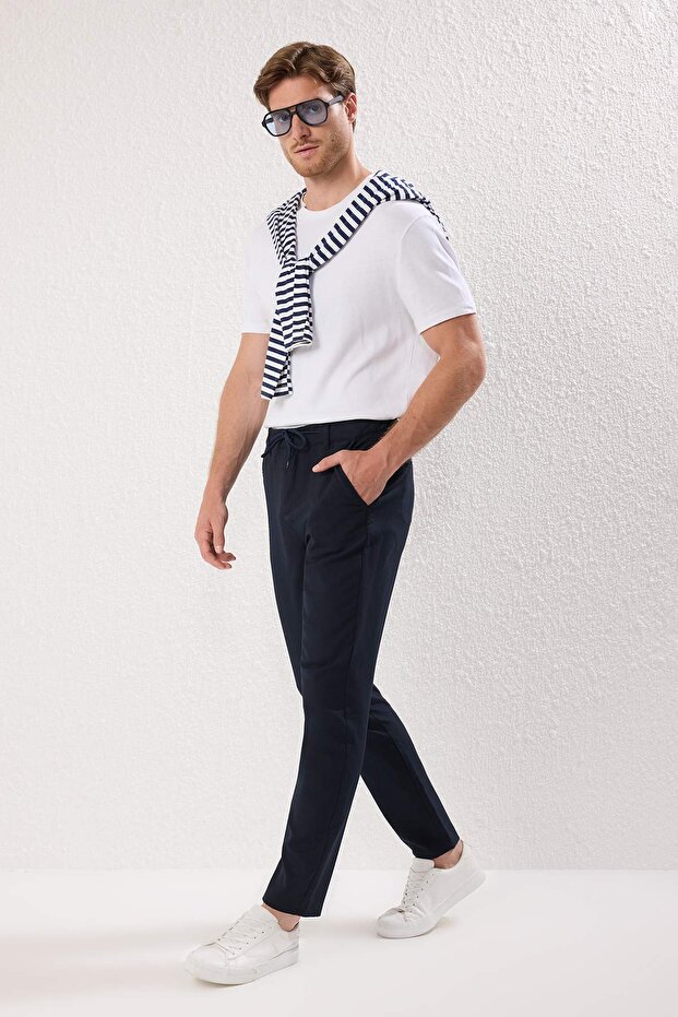 Lacivert Slim Fit Beli Bağlama Detaylı Lastikli Kumaş Dokuma Pantolon TMNAW25PL00027 - 2