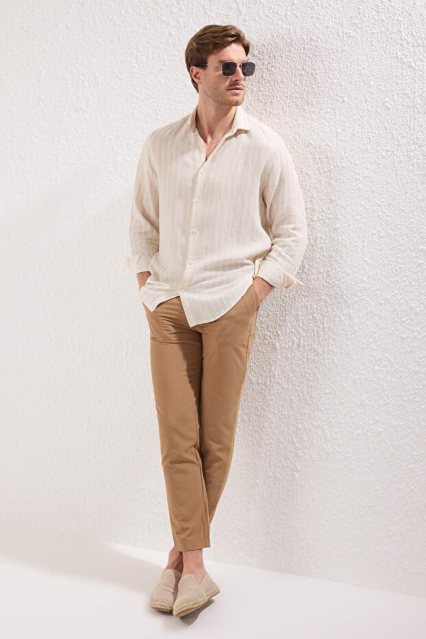 Bej Regular Fit Çizgili Nefes Alabilen Pamuklu Muslin Gömlek TMNSS25GO00015 - 2