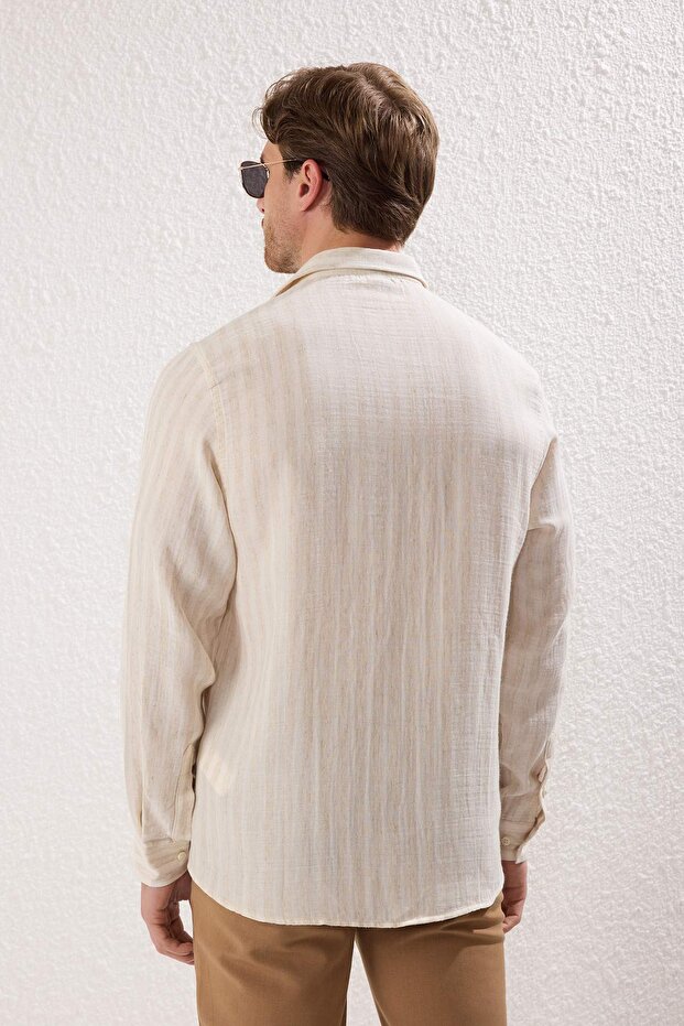 Bej Regular Fit Çizgili Nefes Alabilen Pamuklu Muslin Gömlek TMNSS25GO00015 - 4