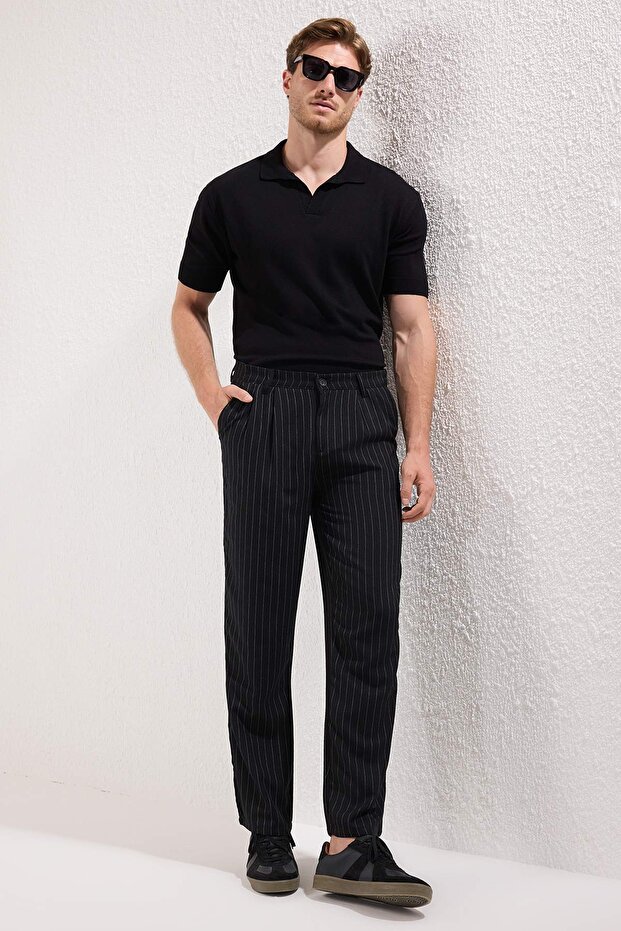 Siyah Çizgili Pileli Klasik Baggy Fit Kumaş Pantolon TMNSS24PL00024 - 3