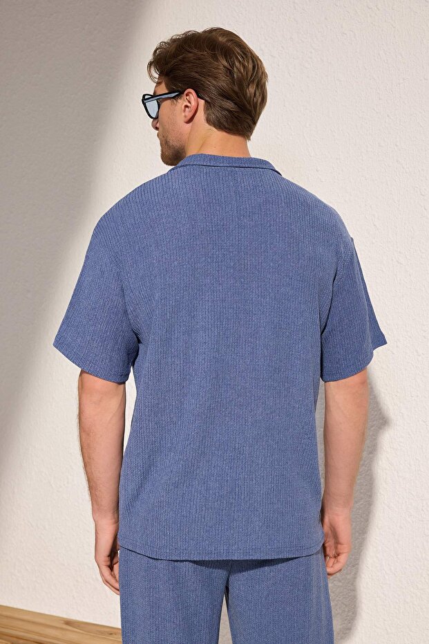 Indigo Oversize/Geniş Kesim Dokulu Örme Polo Yaka T-shirt TMNSS25PO00045 - 4