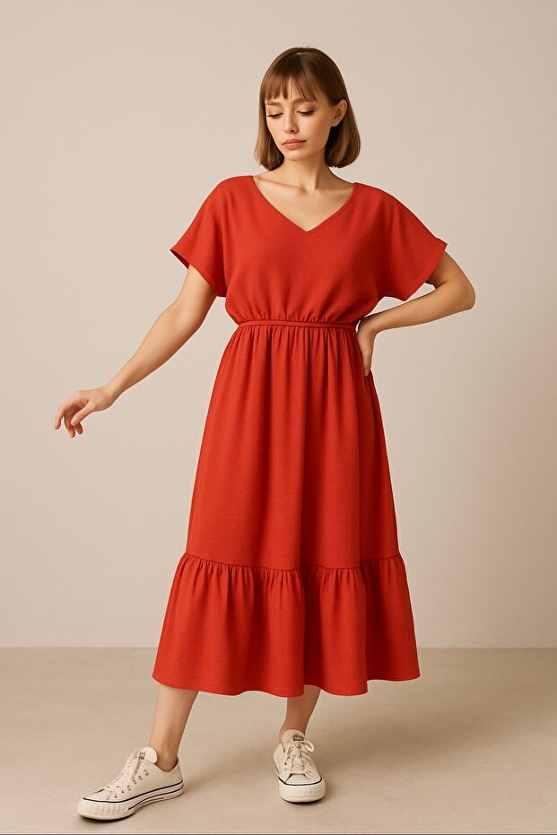 TURUNCU MİDİ BOY ELBİSE - 1