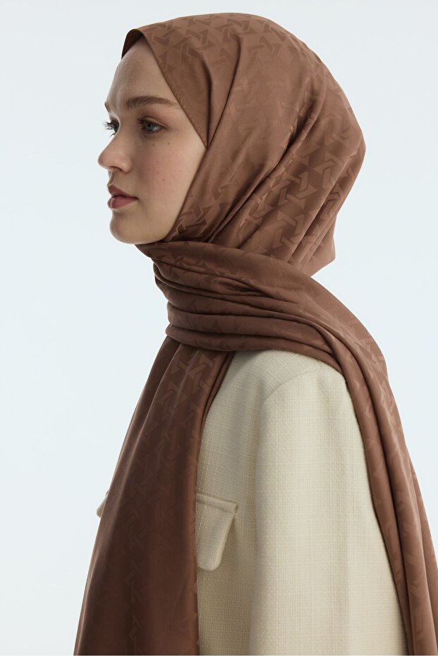 Silky Jacquard Shawl Mira Pattern-Brown - 4