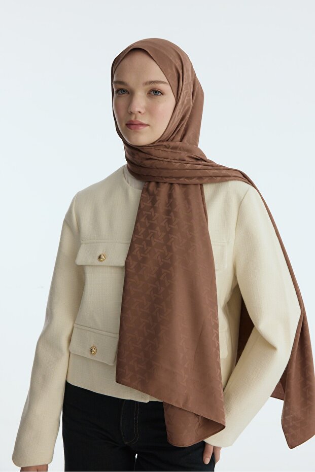 Silky Jacquard Shawl Mira Pattern-Brown - 1