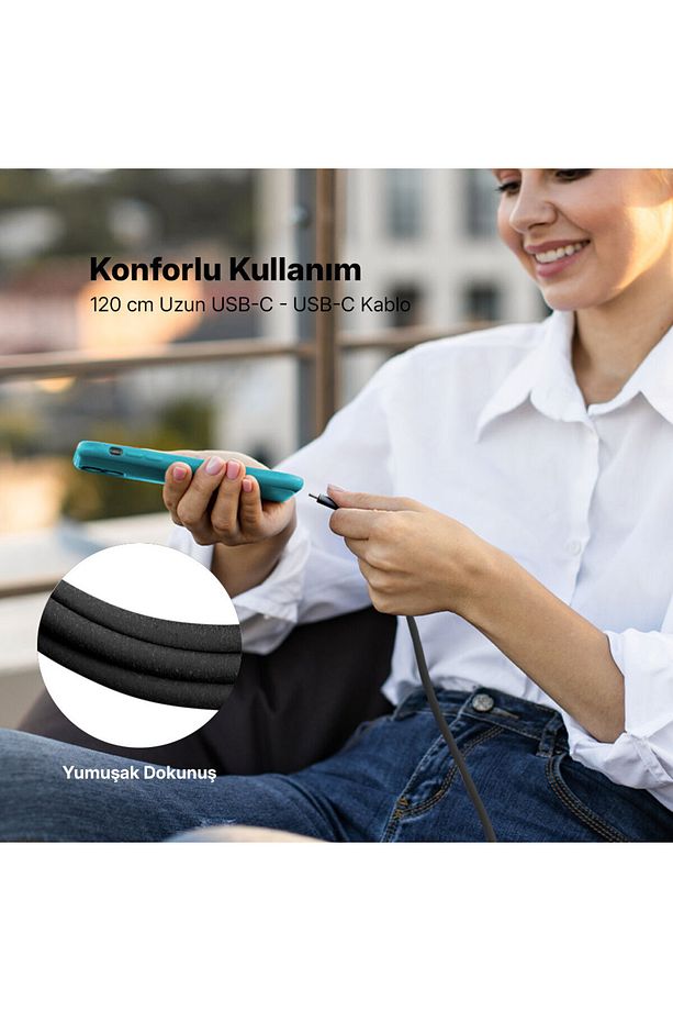 USB-C - USB-C 120cm 60W PD/QC Hızlı Şarj/Data Kablosu - 5