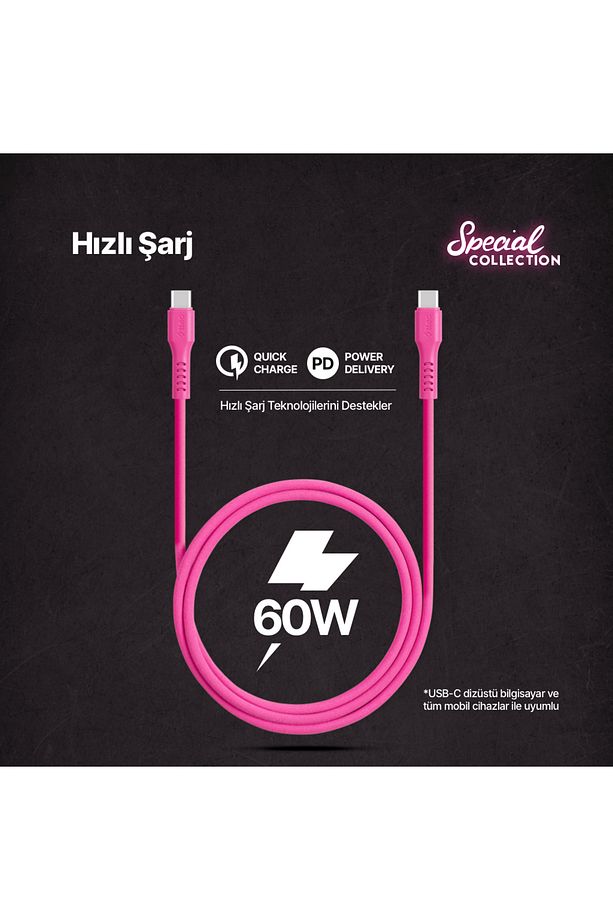 USB-C - USB-C 120cm 60W PD/QC Hızlı Şarj/Data Kablosu - 2