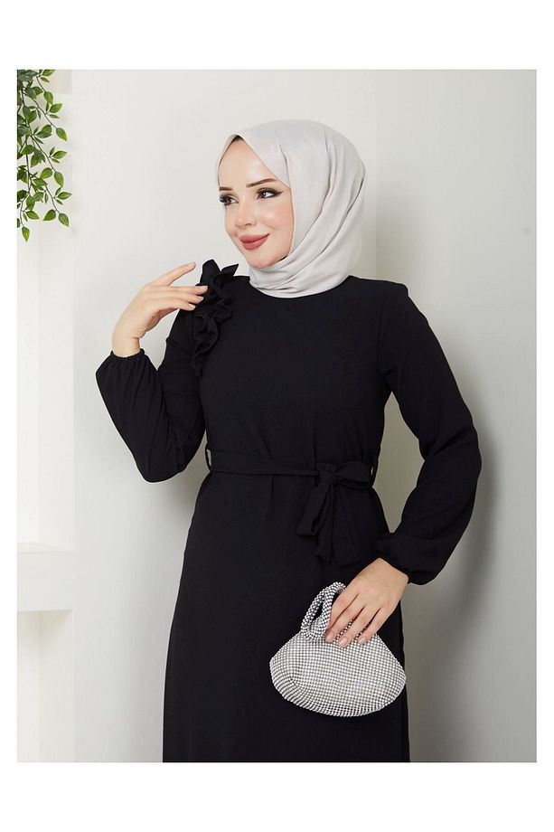 Krep Kumaş Omuz Fırfırlı Elbise Siyah - 6
