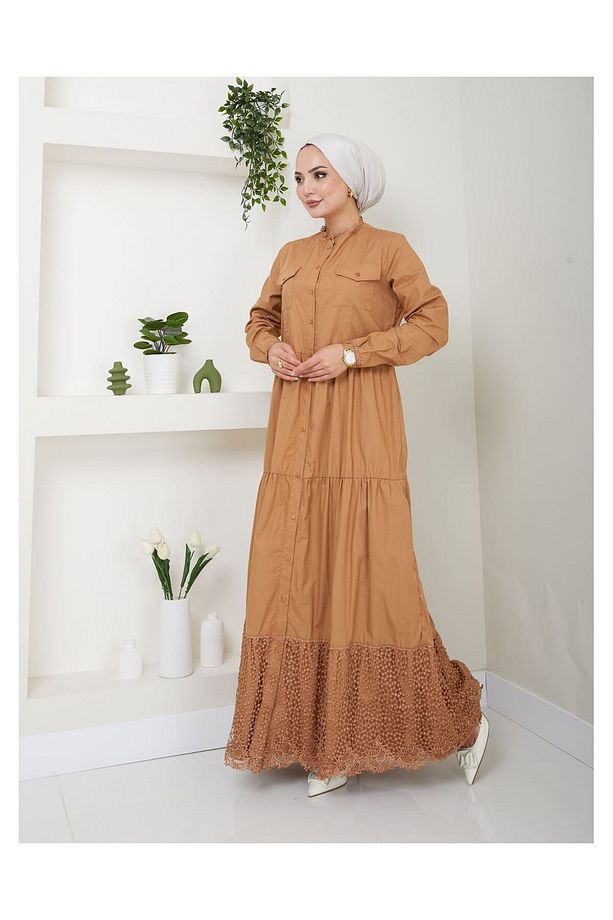 Dantelli Doğal Kumaşlı Boydan Düğmeli Kot Elbise Koyu Camel - 7