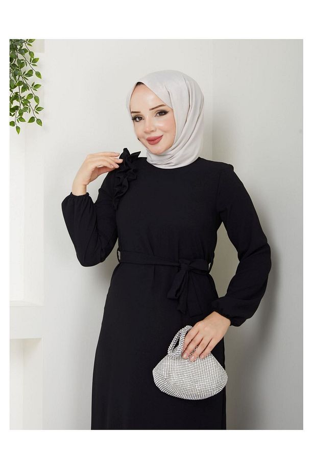 Krep Kumaş Omuz Fırfırlı Elbise Siyah - 8