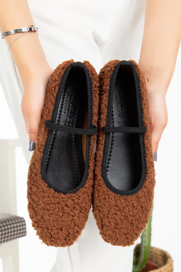 Women's Plush Rubber Detail Flat Sole Mary Jane Tedy Ballerinas