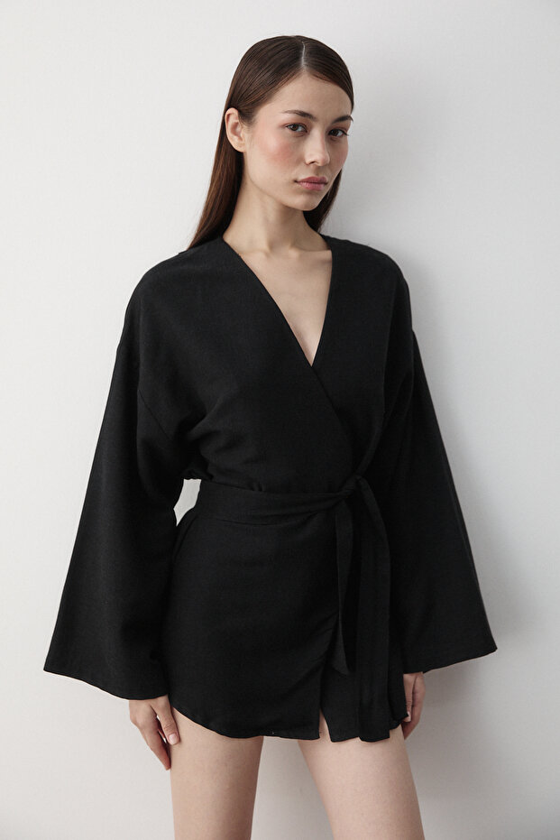 Black Cotton Button Detailed Belted Linen Kimono - 005