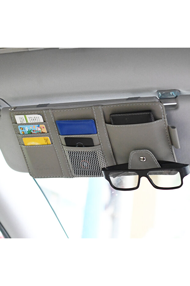 Grey Car Glasses Storage PU Leather Multi-Function Sun Visor Point Organizer Storage Pocket Auto Su