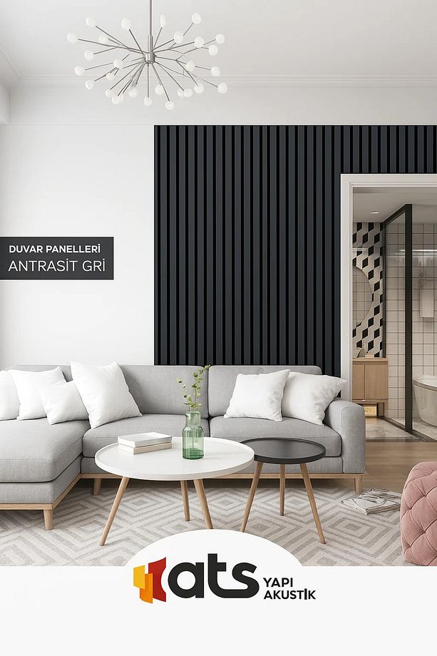 Mdf Ahşap Akustik Dekoratif Duvar Paneli 60x280 Cm - Antrasit Gri - 3