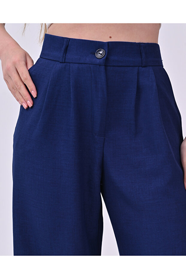 Women's Navy Blue High Waist Linen Palazzo Trousers