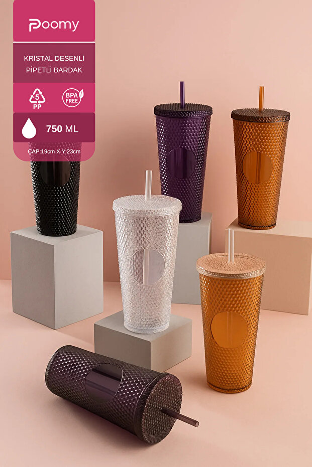 750 ml Kapaklı Pipetli Şeffaf Renkli Kristal Desenli Bardak - Su Bitki Çayı İçecek Bardağı - 1