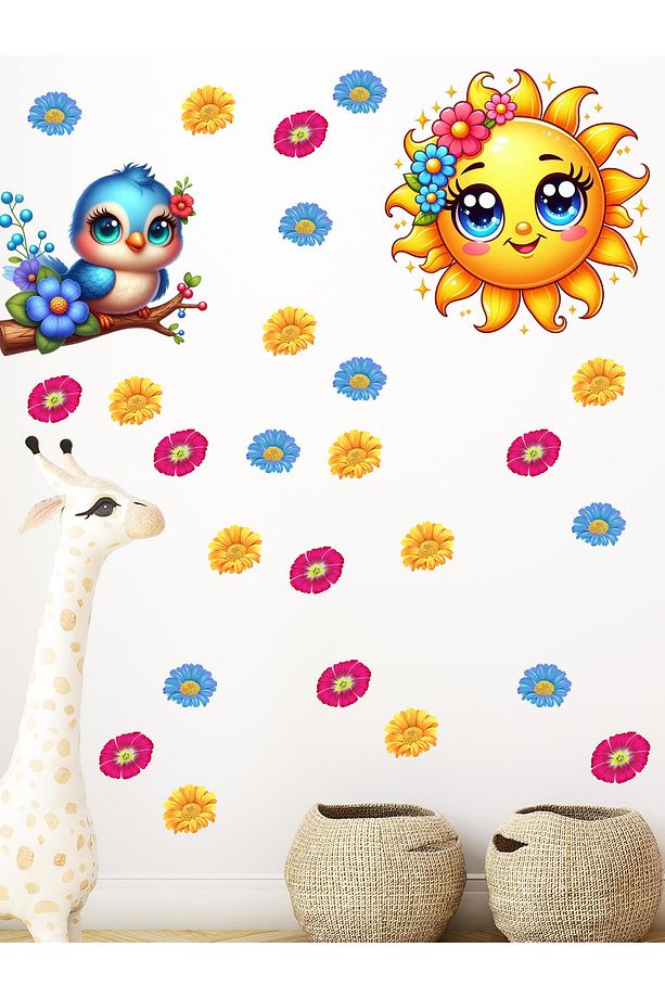 Çocuk Odası Güneş, Çiçekler ve Sevimli Kuş Duvar Sticker - 1