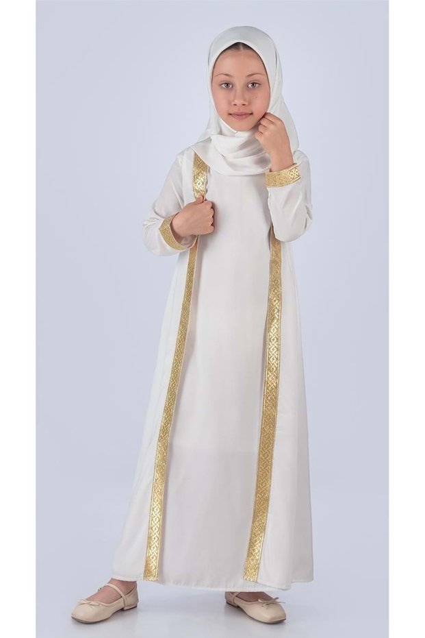 Medina Silk Fabric Hijab Prayer Dress with Scarf M00742 Ecru