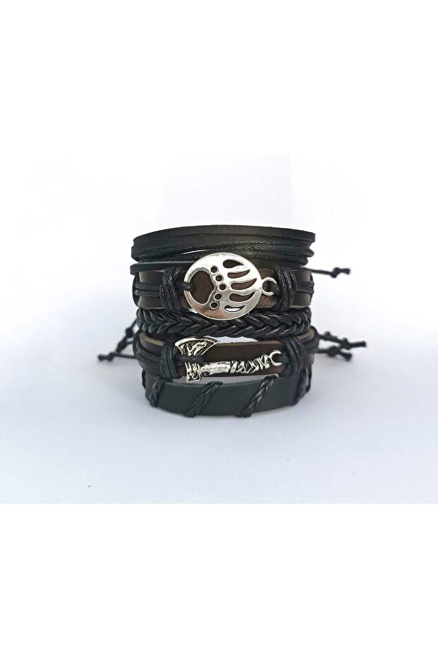 Viking Thor Axe Scandinavian Bear Claw Figured 5 Pieces Genuine Leather Bracelet